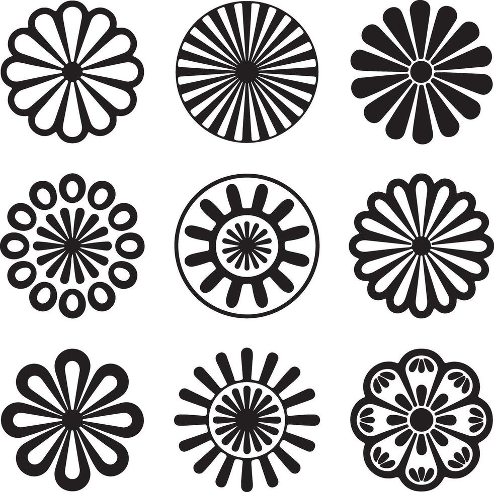 Nine Black and White Circular Floral and Geometric Designs Silhouette Style Graphics Set vector