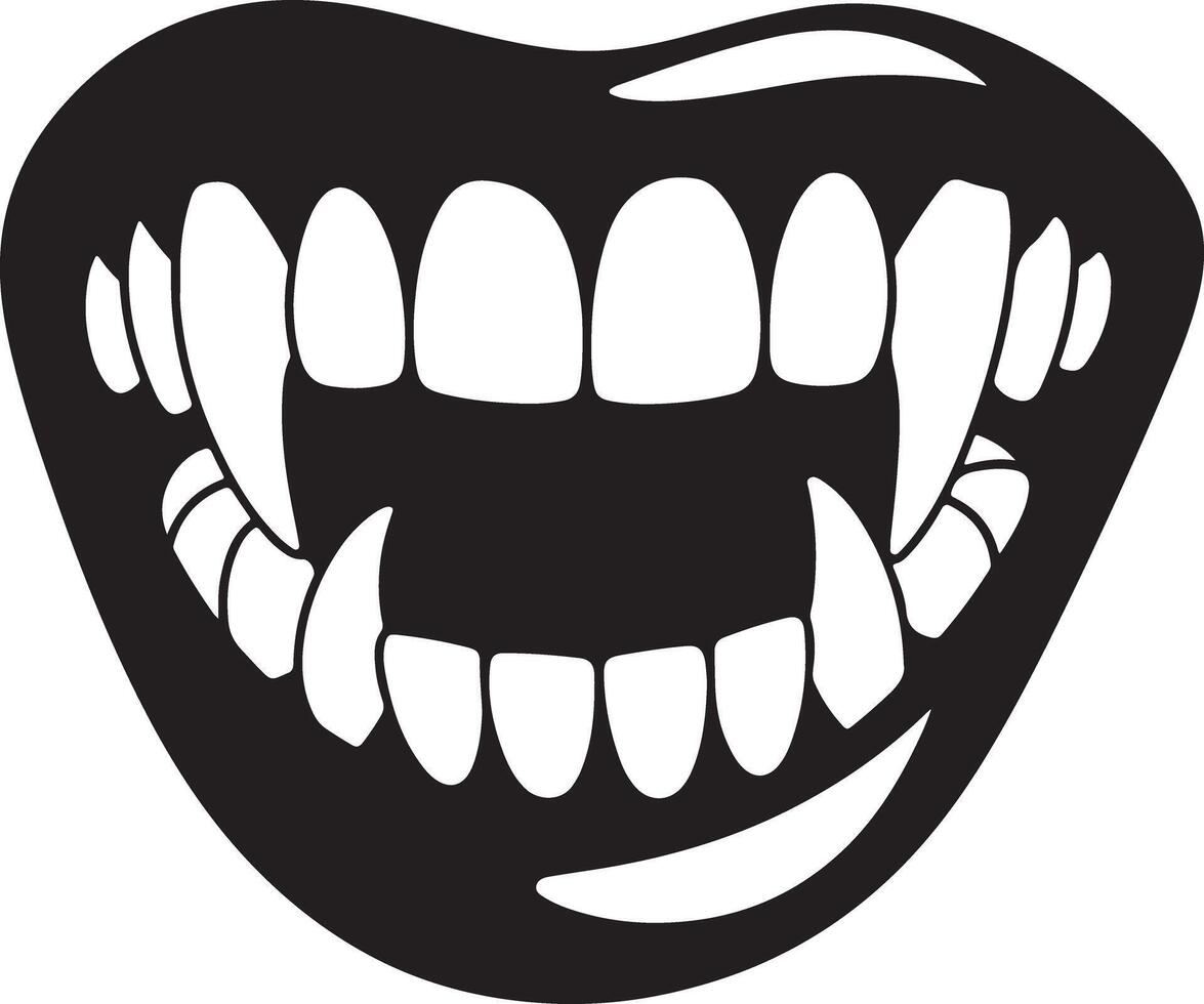 Black and White Silhouette of a Vampire Mouth with Sharp Fangs and Detailed Teeth Showing a Grinning Expression vector