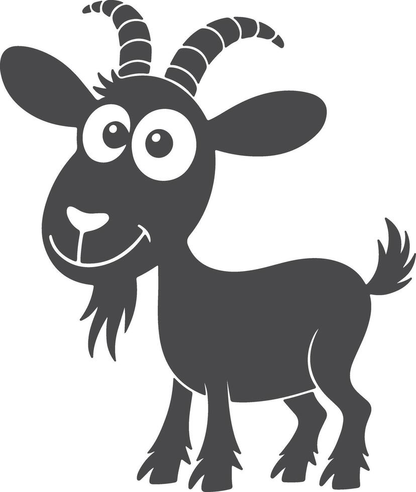 A cheerful dark gray cartoon goat silhouette with large eyes and spiral horns stands on a white background a playful illustration of a happy vector