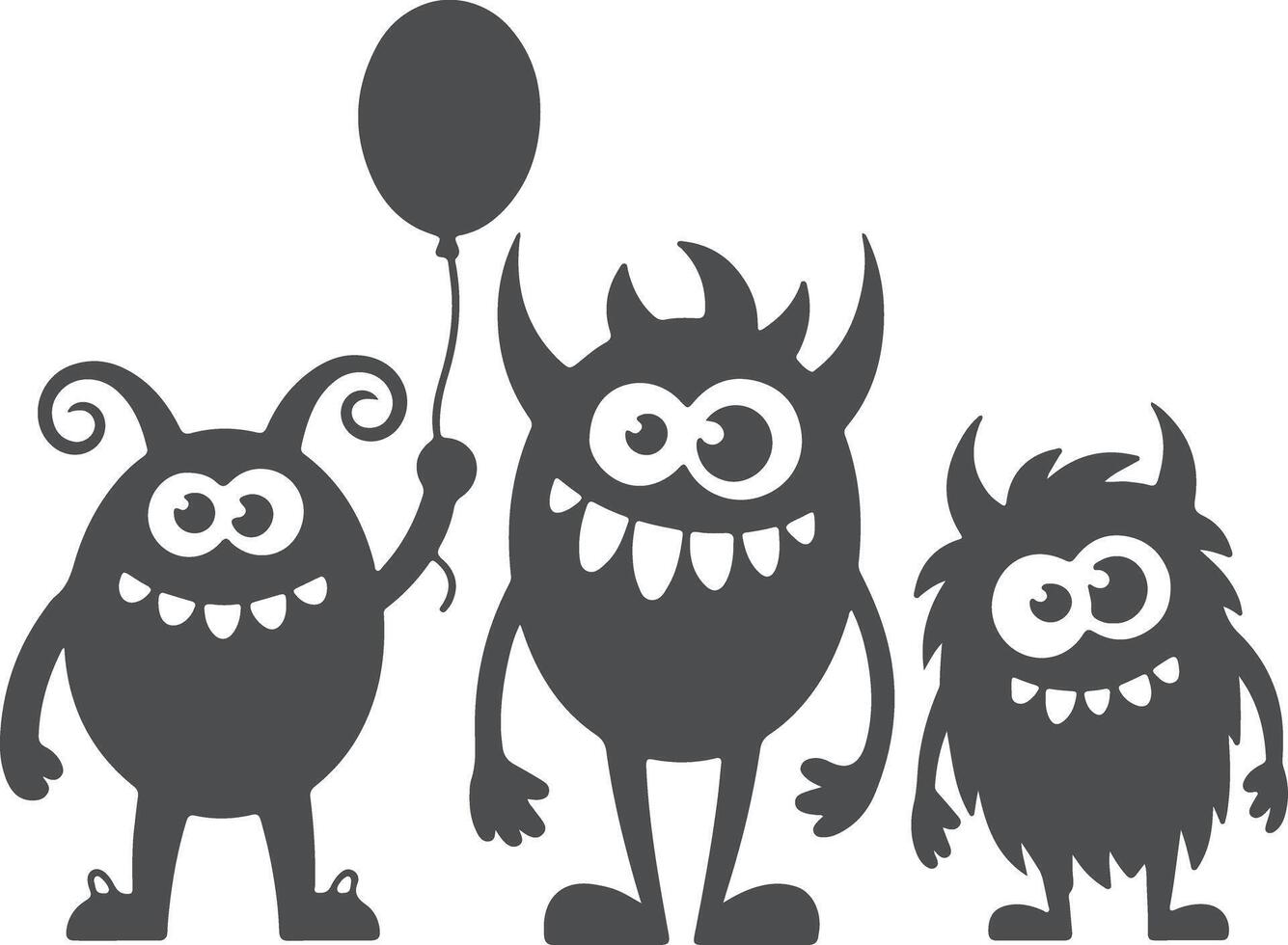 Three Friendly Gray Cartoon Monsters Silhouette One Holding a Balloon Playful Illustration Childrens Book Design Cute Characters vector