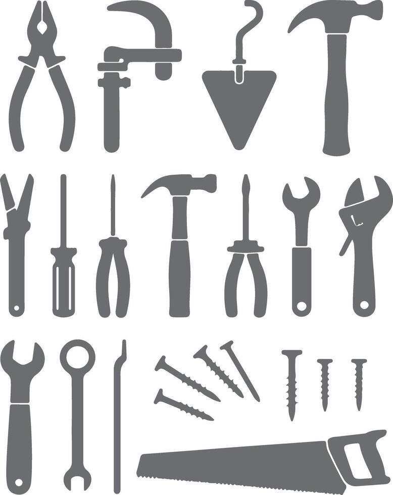 Collection of Gray Silhouette Hand Tools Including Hammers Pliers Wrenches Screwdrivers Saw and Nails on White Background vector