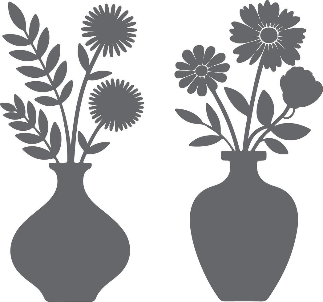 Two Gray Silhouette Flower Arrangements in Vases Simple Floral Design Gray Scale Botanical Illustration Home Decor Print vector