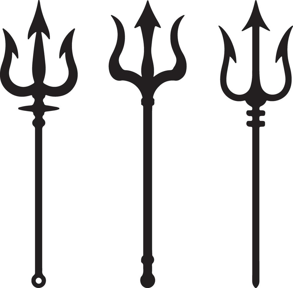 Three Black Silhouette Trident Designs Isolated on White Background Different Styles of Three Pronged Spear Weapon Icon Set vector