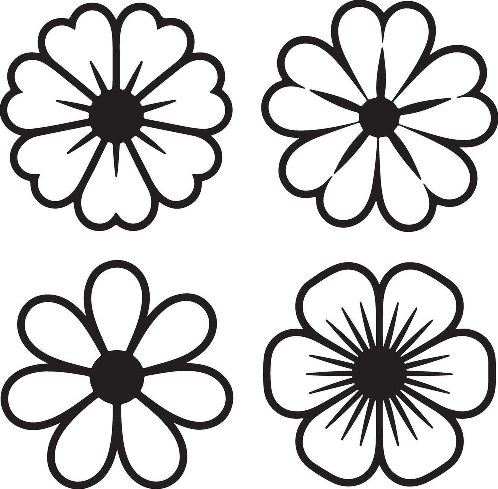Four Simple Black Silhouette Flower Designs on White Background Botanical Illustrations Floral Elements Graphic Design Elements vector