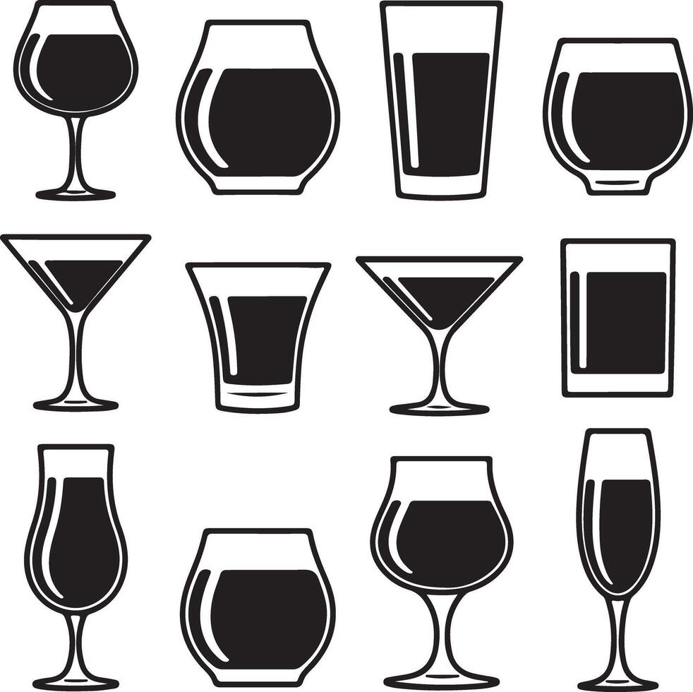 Twelve Black Silhouette Drinkware Icons Set Various Glass Types Wine Glasses Cocktail Glasses Liquor Glasses Graphic Design Elements vector