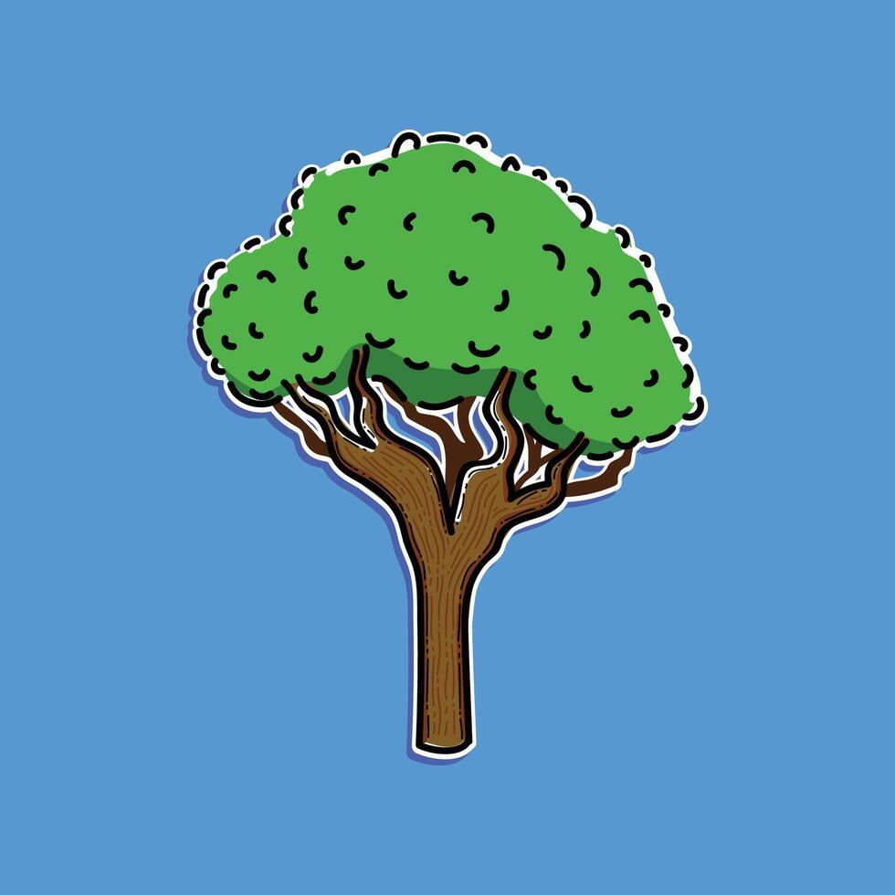 A vibrant illustration of a stylized green tree with a brown trunk, set against a bright blue background. Perfect for eco-themed projects, nature concepts, and educational materials. vector
