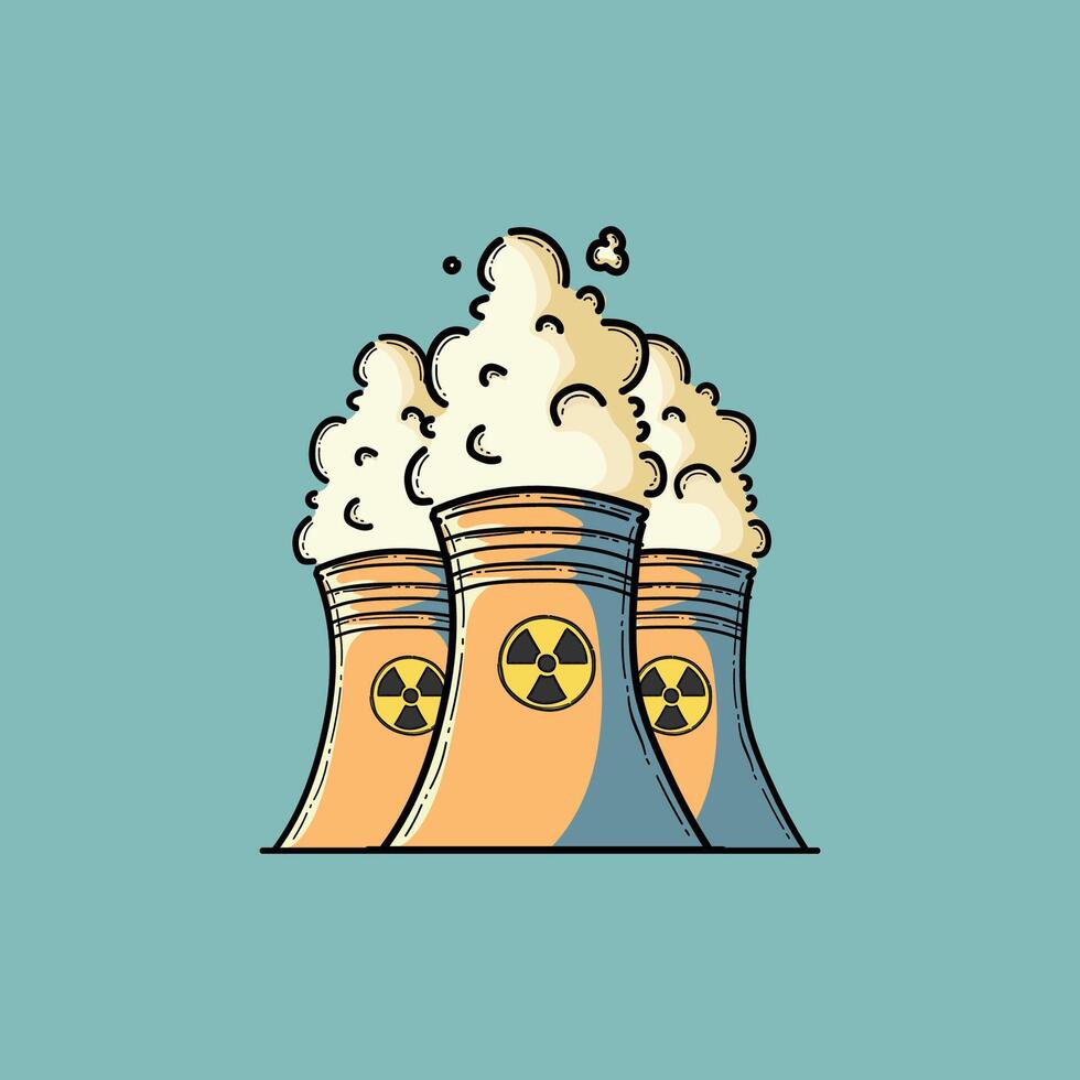 Illustration of Nuclear Cooling Towers Emitting Vapor with Radiant Warning Signs vector