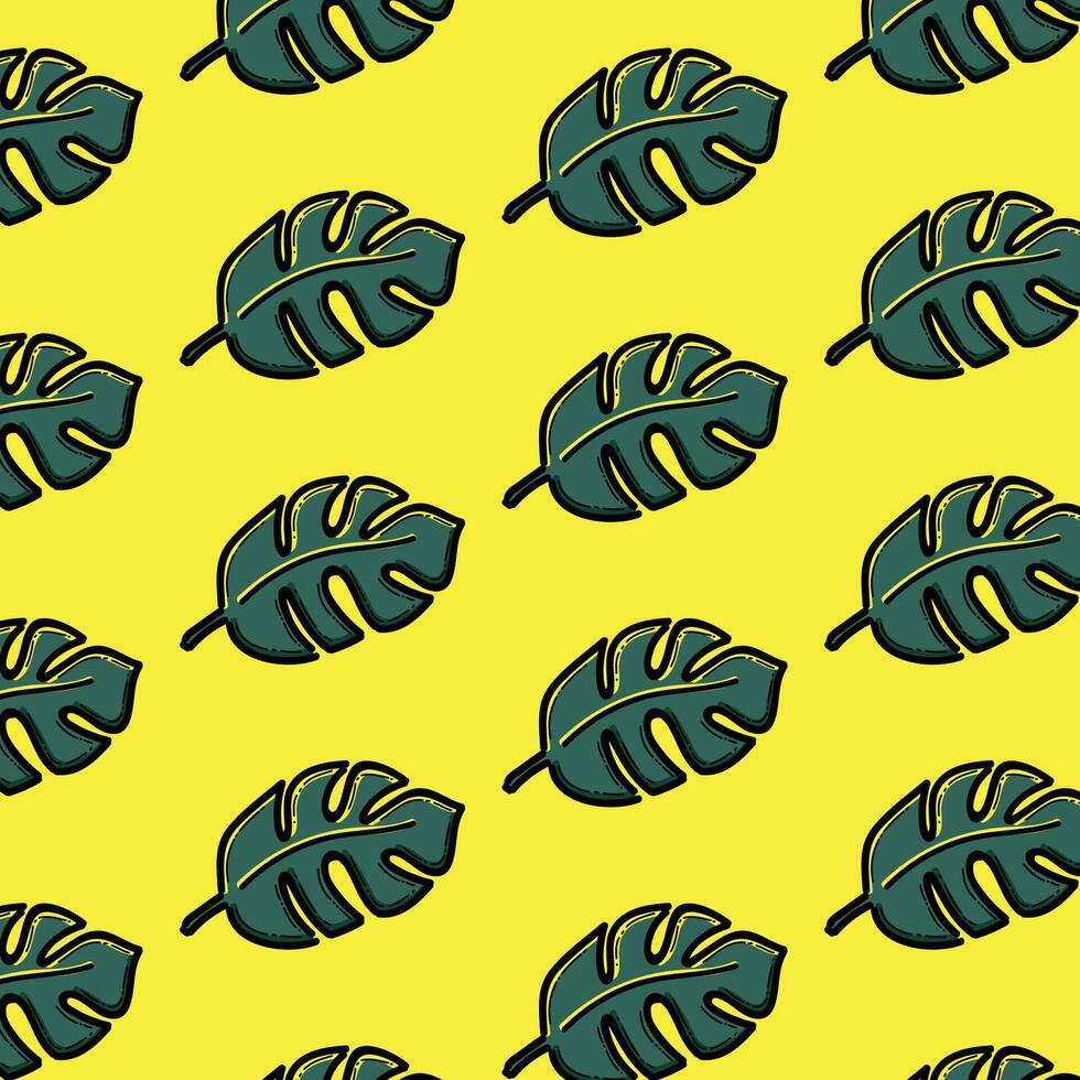 Seamlessly repeating tropical pattern featuring vibrant monstera leaves adorned on a bright yellow backdrop. vector