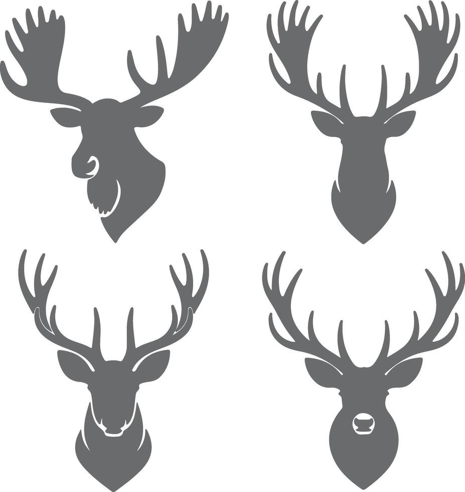 Four Gray Deer and Moose Head Silhouettes with Antlers on White Background Wildlife Animal Set Graphic Design Elements vector