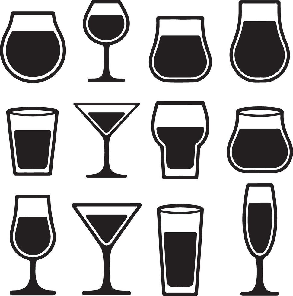 Twelve Black Silhouette Drinkware Icons Set Various Glass Shapes and Sizes Cocktail Martini Wine Beer Glasses Simple Graphic Design Elements vector