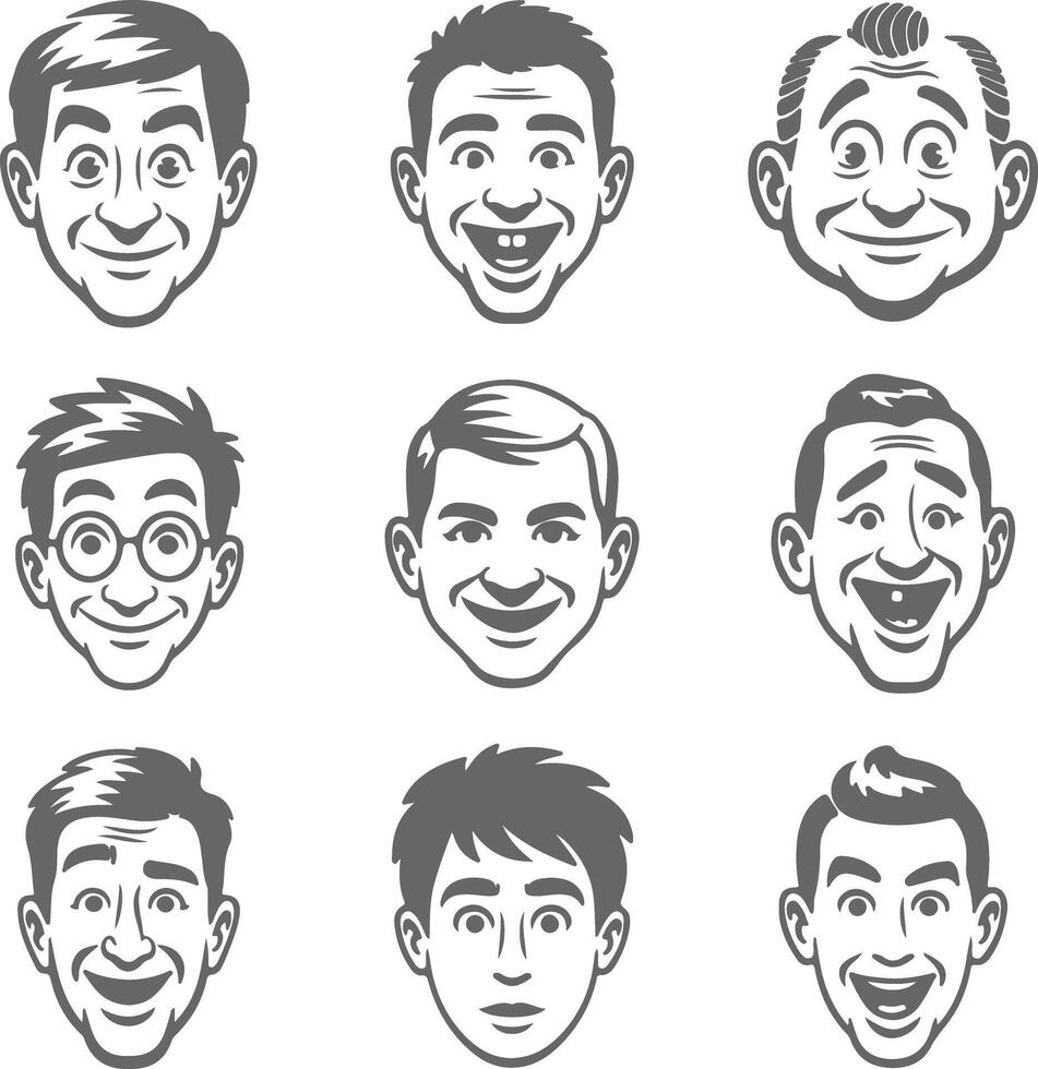 Nine Gray Scale Male Face Silhouettes Diverse Expressions Happy Surprised Neutral Expressions Illustration Set vector