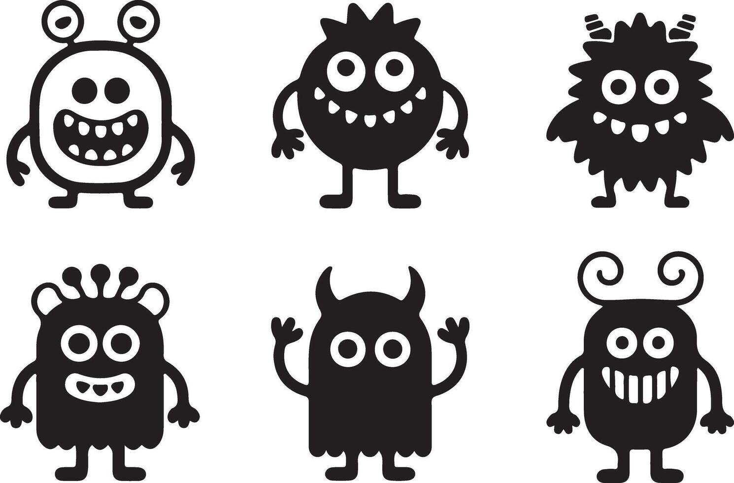 Six playful black silhouette monsters cartoon characters whimsical cute friendly happy smiling expressions various shapes sizes white background vector