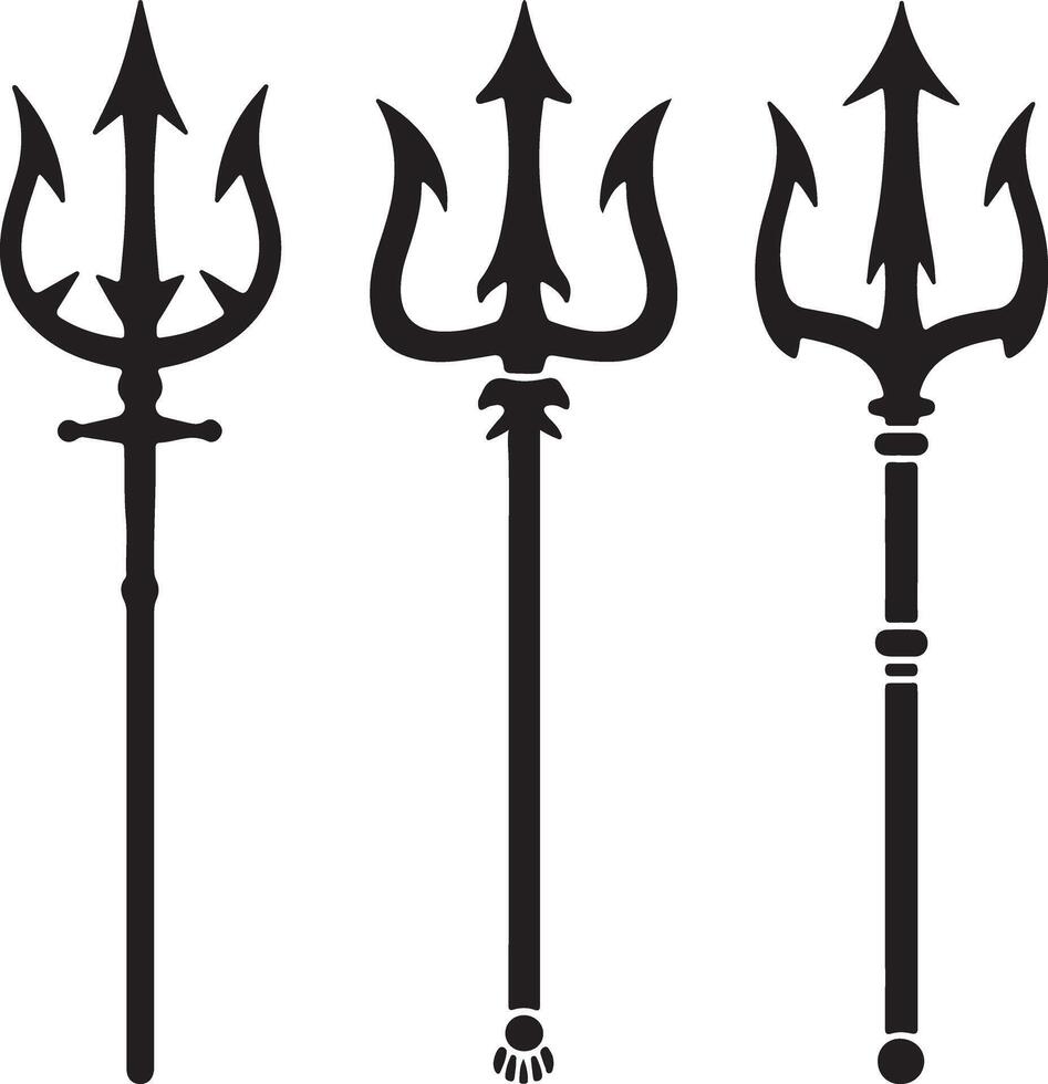 Three Black Silhouette Trident Designs Isolated on White Background Different Styles of Three Pronged Spears Mythological Weapon Graphic vector