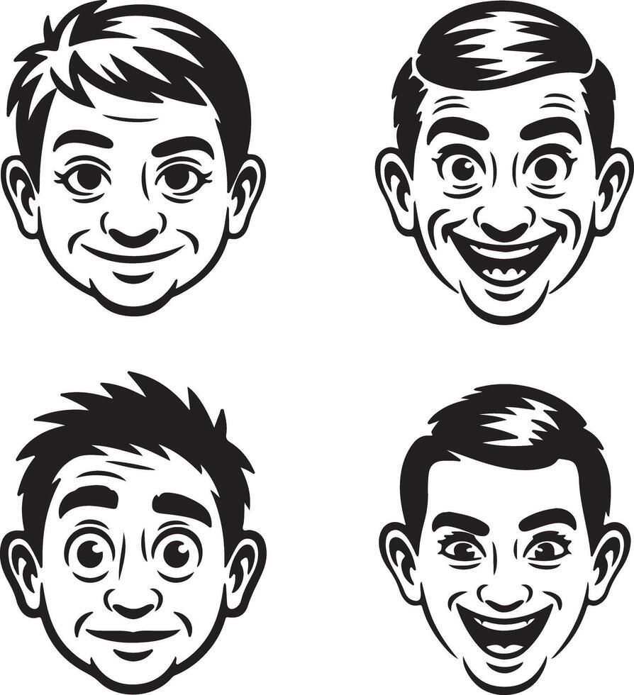 Four Black and White Male Silhouette Heads Displaying Different Expressions Joyful Surprised and Neutral Faces Simple Line Art Style vector