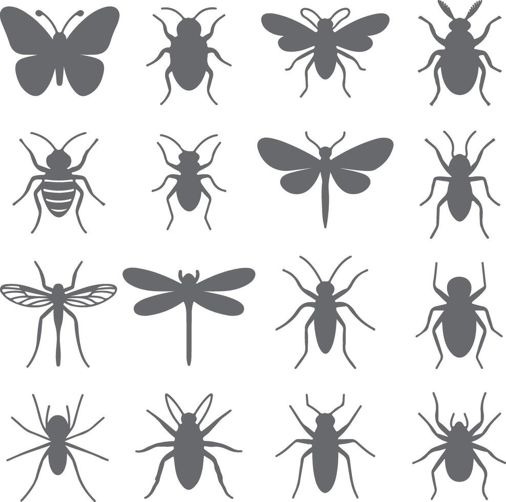 Sixteen Gray Insect Silhouettes Collection Butterfly Beetle Fly Dragonfly Spider Ant Graphic Design Elements vector