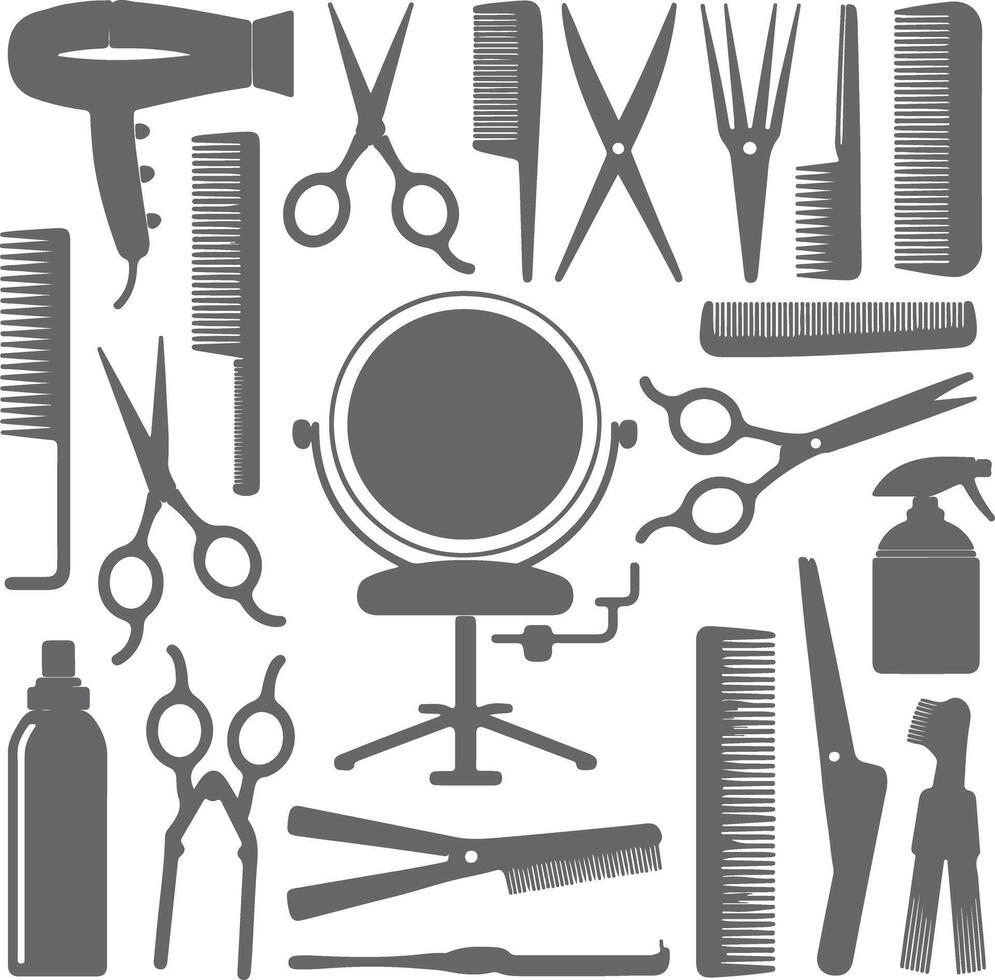 Grey Silhouette Hair Salon Tools Collection Including Combs Scissors Hair Dryer Straighteners Spray Bottle and Mirror on Stand vector