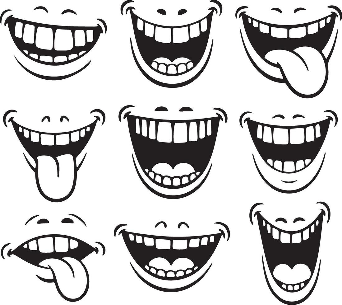 Nine Black and White Cartoon Mouth Silhouettes Showing Various Expressions of Laughter and Playful Tongues vector