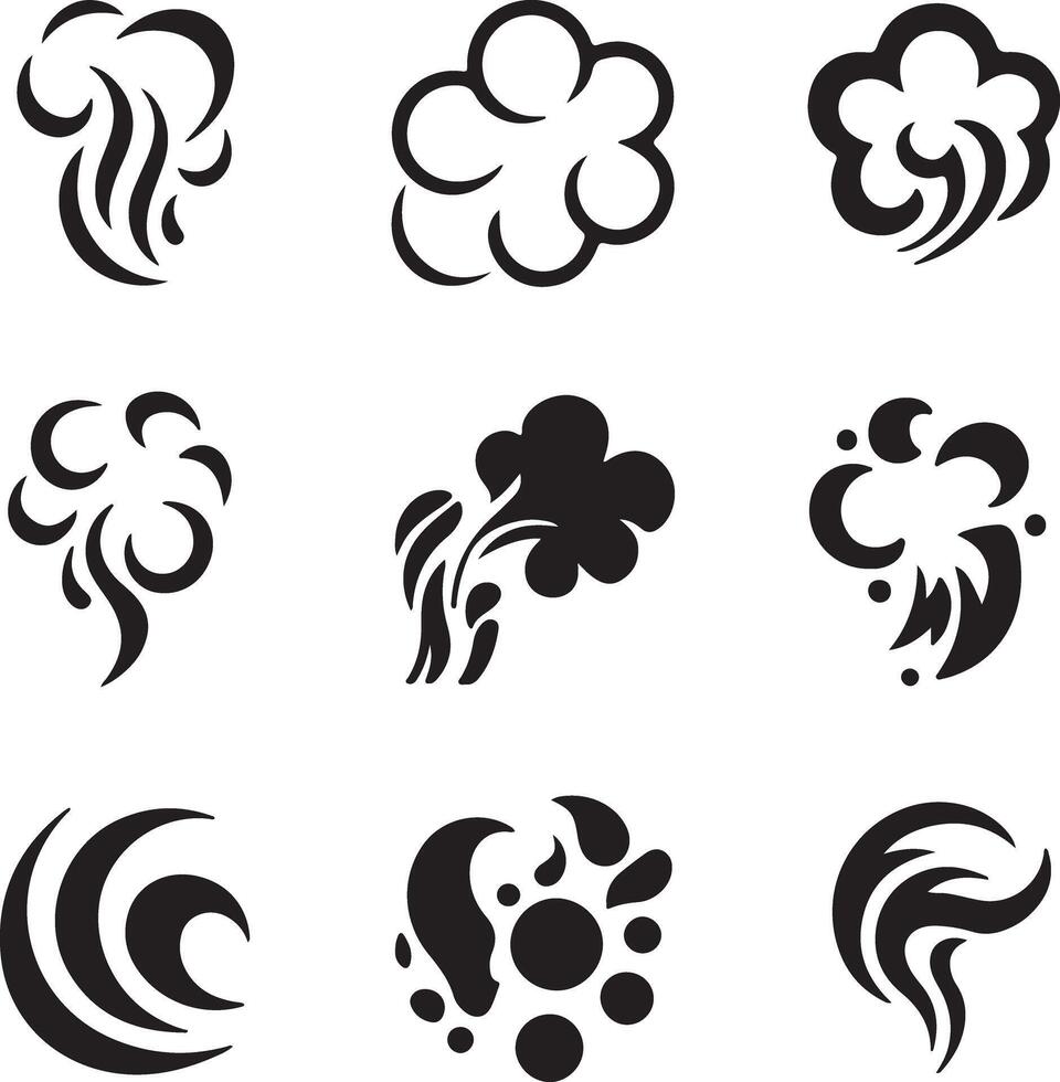 Nine Abstract Black Silhouette Smoke Cloud Burst Designs Illustrations Set explosion vector