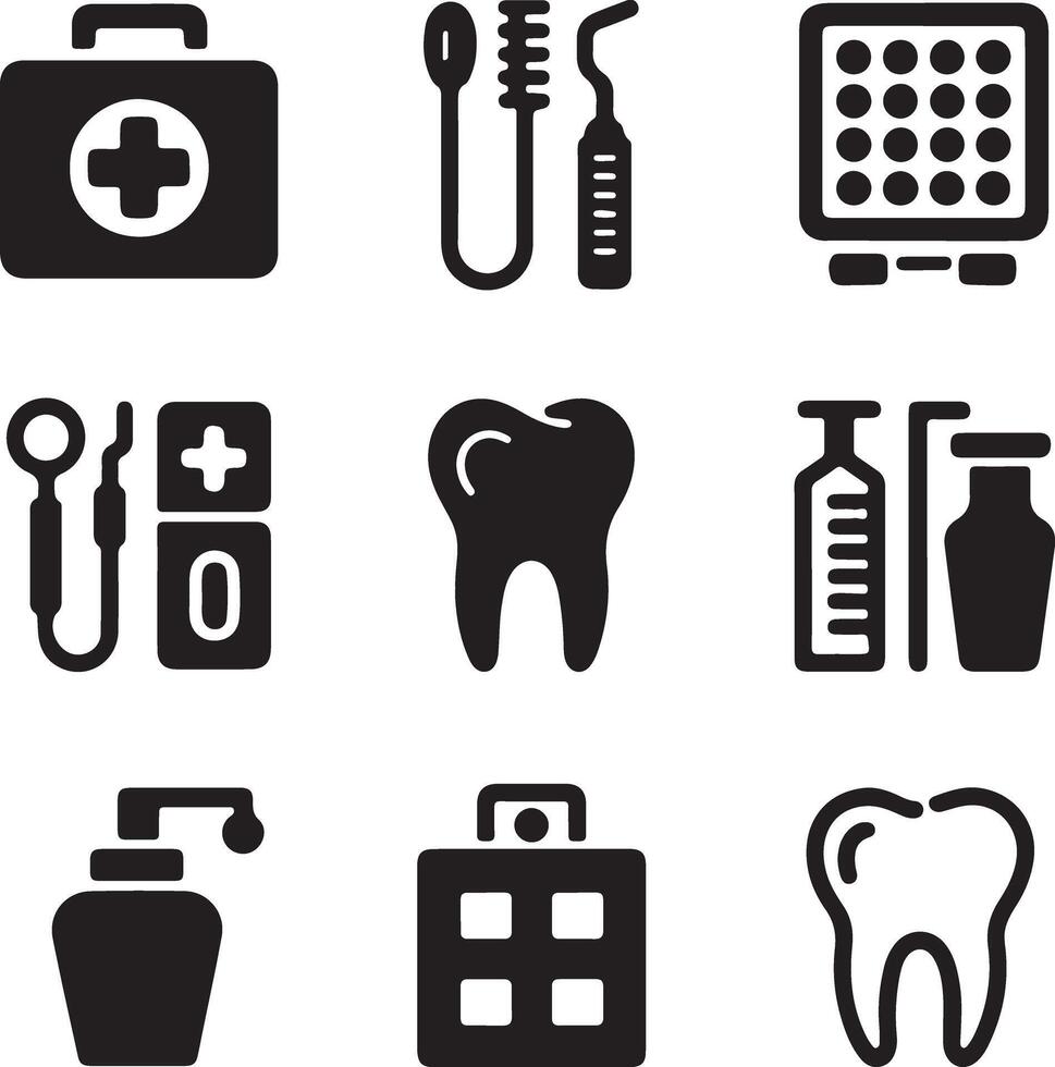 Nine Black Silhouette Medical and Dental Icons on White Background First Aid Kit Toothbrush Dental Tools Tooth X Ray Machine Syringe Soap Dispenser vector
