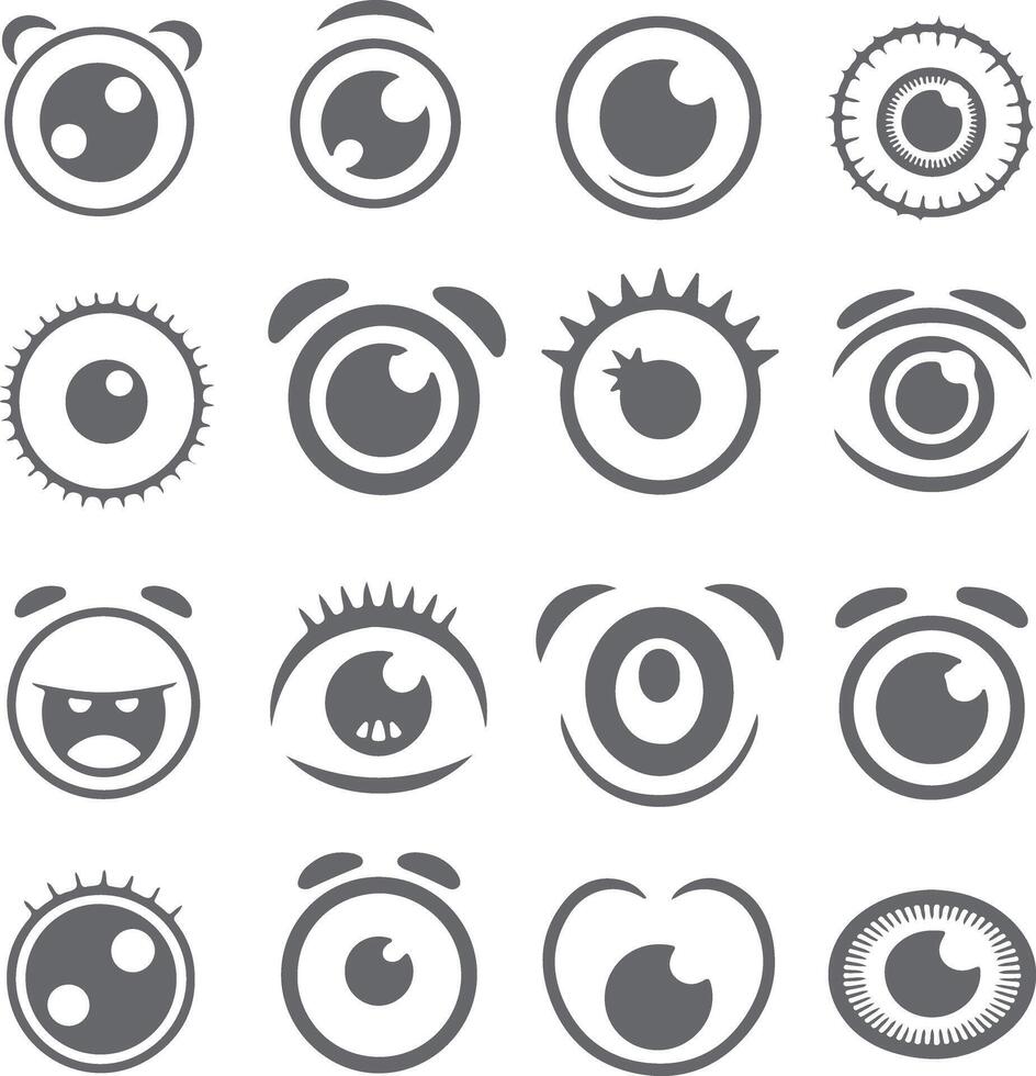 Sixteen Gray Cartoon Eye Silhouettes Various Expressions and Styles Simple Graphic Design Elements Set vector