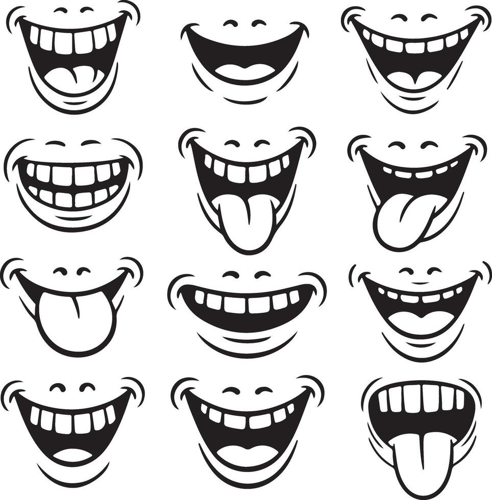 Twelve Cartoon Mouths Showing Various Expressions Including Wide Open Smiles and Tongues Sticking Out Black and White Silhouette Illustrations vector