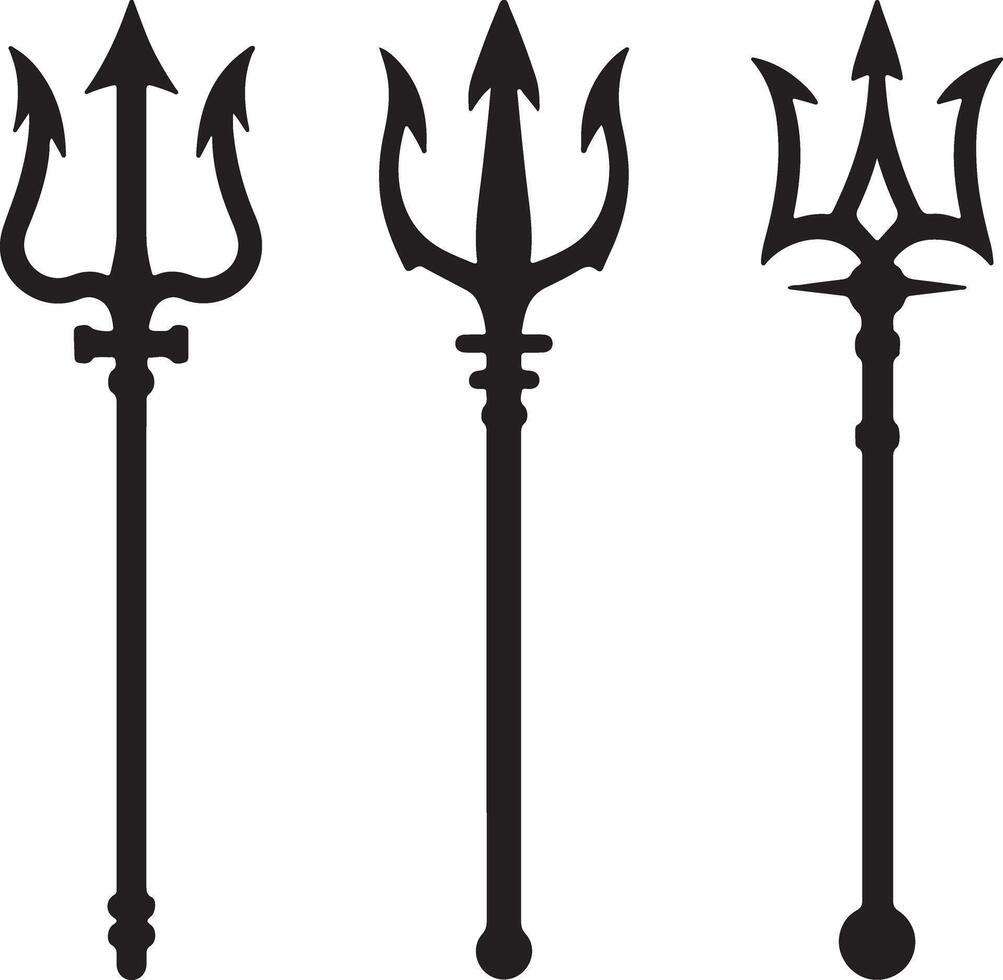 Three Black Silhouette Trident Designs Isolated on White Background Different Styles of Neptune Poseidon Greek Mythology Symbol Illustration vector