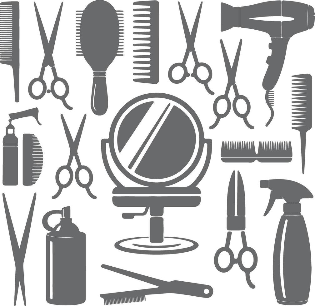 Gray Silhouette Hair Salon Tools Collection Including Combs Scissors Hair Dryer Spray Bottles and a Styling Chair Mirror vector