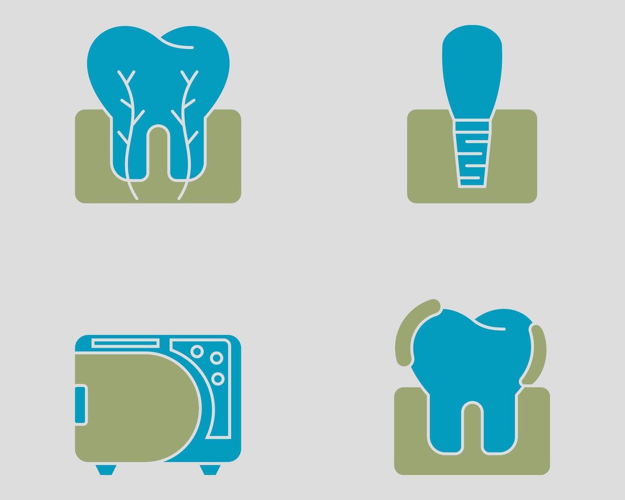 Dental icon set. Containing Tooth cross section, manicure, autoclave, plaque. Solid dual color icon style vector