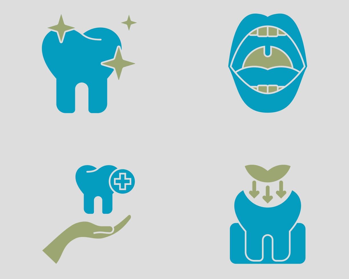 Dental icon set. Containing shiny teeth, oral care, orthodontic treatment, filling. Solid dual color icon style vector