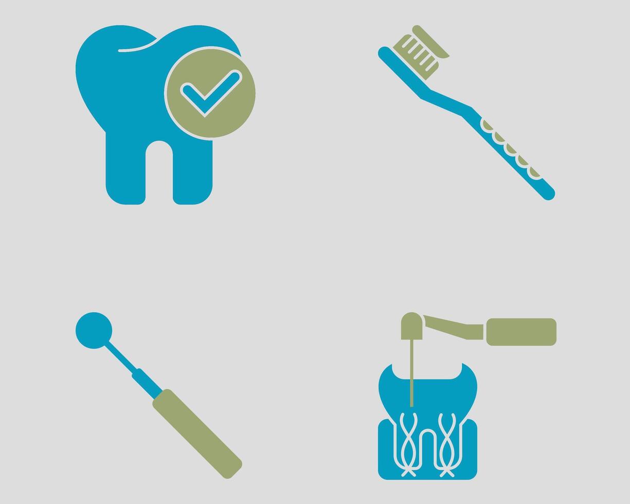 Dental icon set. Containing Dental checkup, tooth brush, root canal treatment, mouth mirror. Solid dual color icon style vector