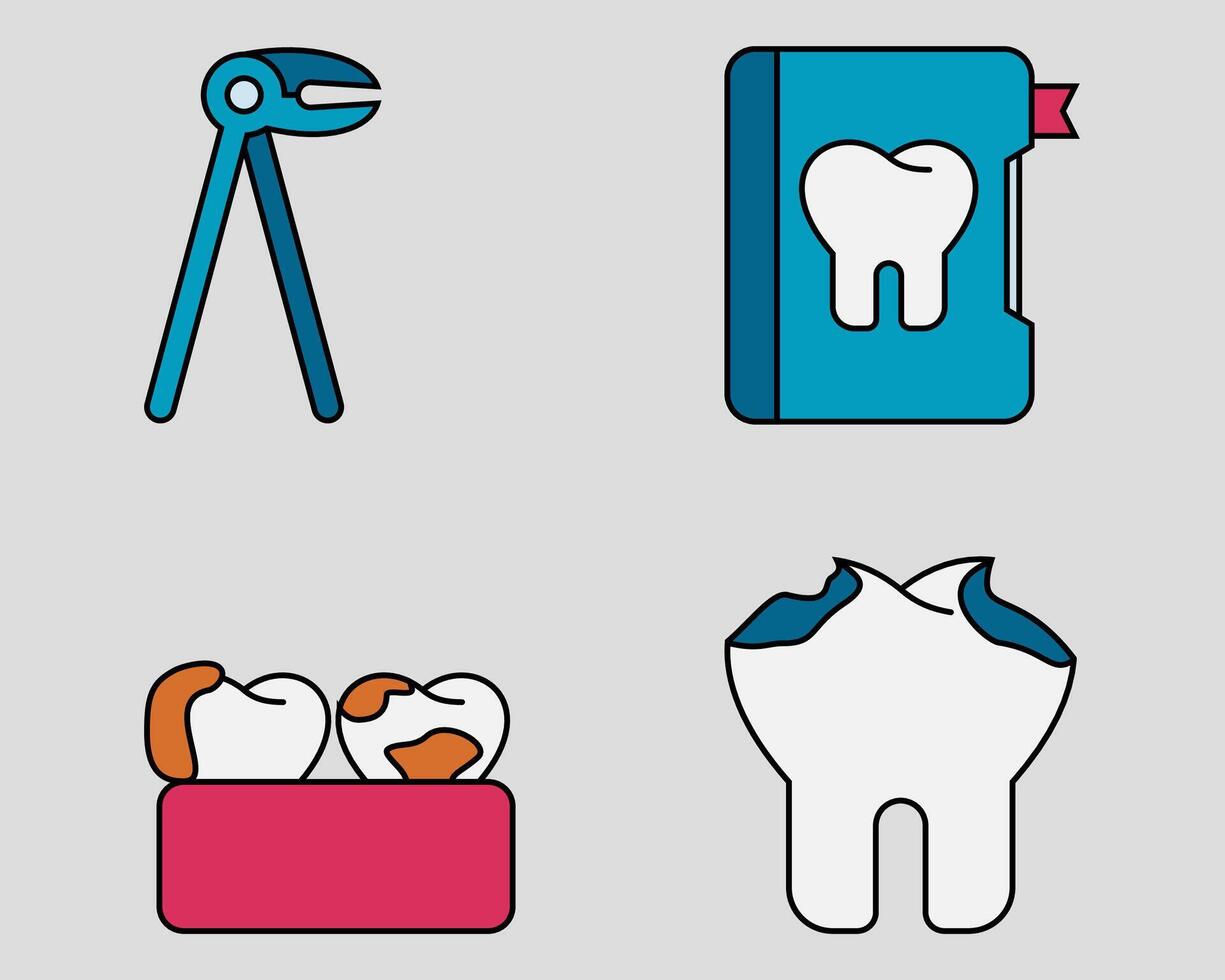 Dental icon set. Containing Forcep, Dental record, tar tar, Tooth Decay. filled outline icon style. vector