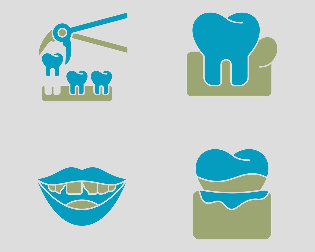 Dental icon set. Containing Tooth removal, swollen gum, chipped tooth, gingivitis. Solid dual color icon style. vector