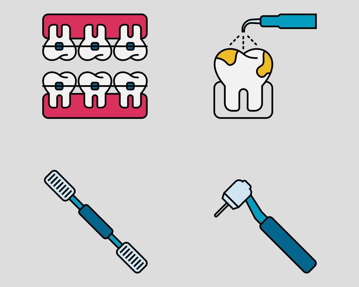 Dental icon set. Containing dental braces, scalling, rasp, dental drill. filled outline icon style vector