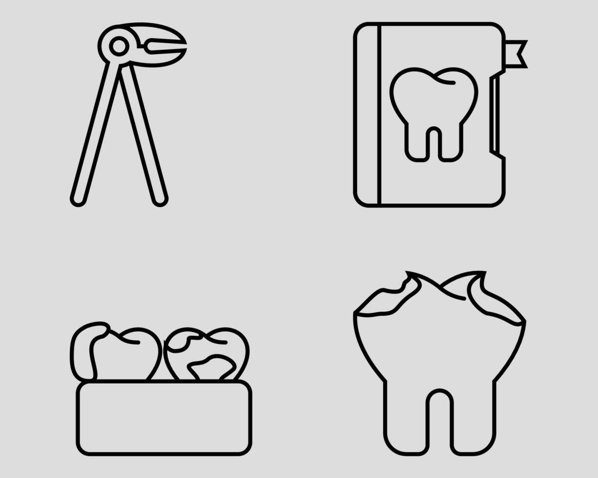 Dental icon set. Containing Forcep, Dental record, tar tar, Tooth Decay. Outline icon style. vector