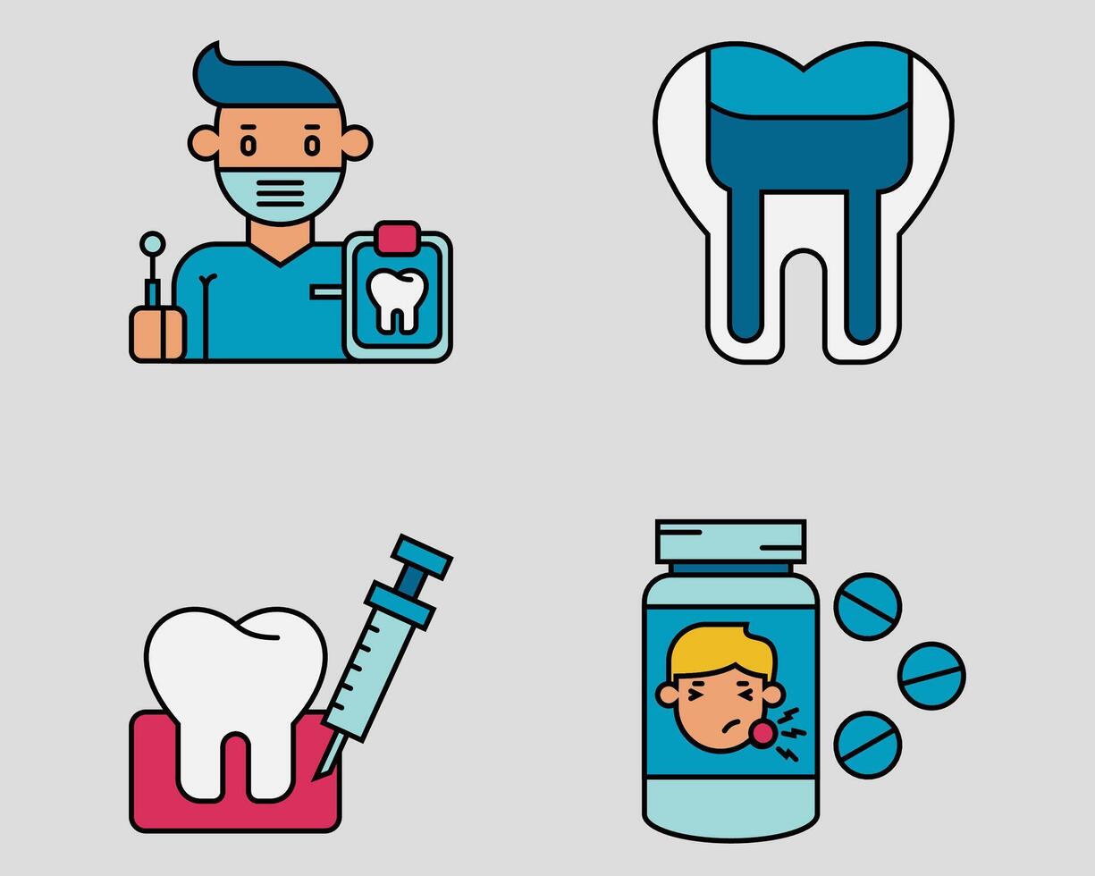 Dental icon set. Containing Dental therapist, pulpotomy, anesthesia, medicine. filled outline icon style. vector