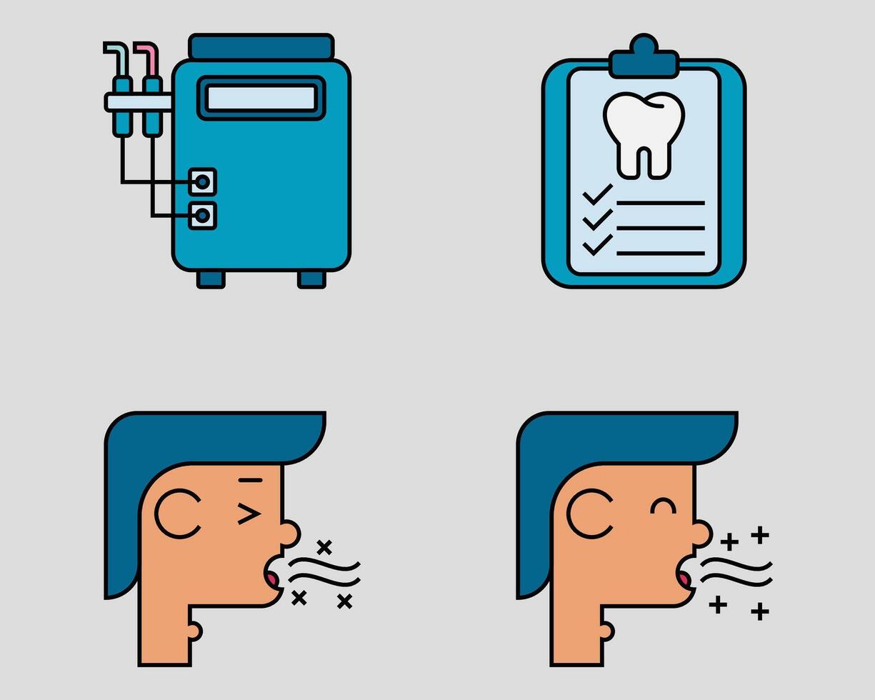 Dental icon set. Containing Suction defice, Dental cheklist, halitosis, good breath. filled outline icon style. vector