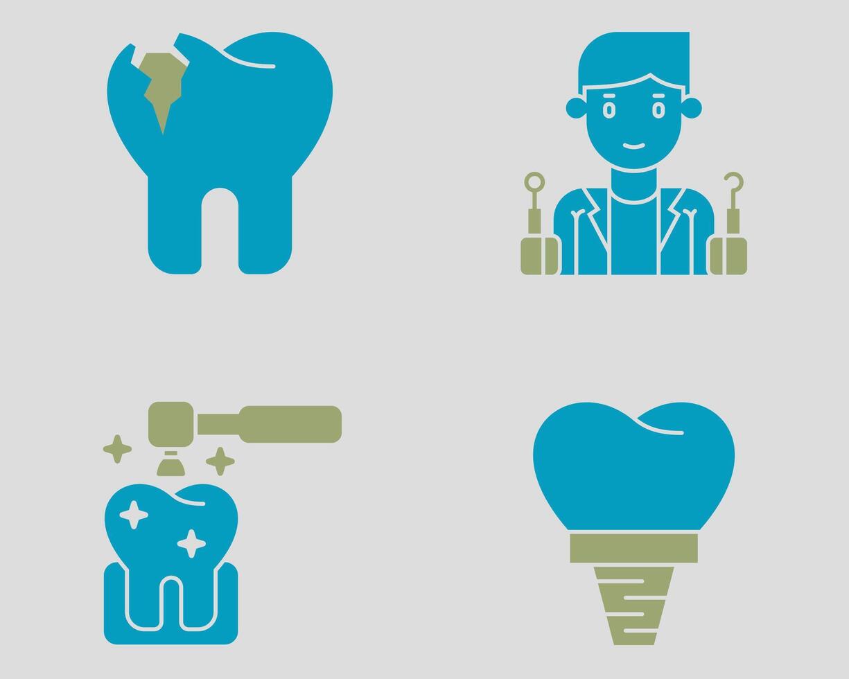 Dental icon set. Containing Broken tooth, dentist, polishing, dental implant. Solid dual color icon style vector