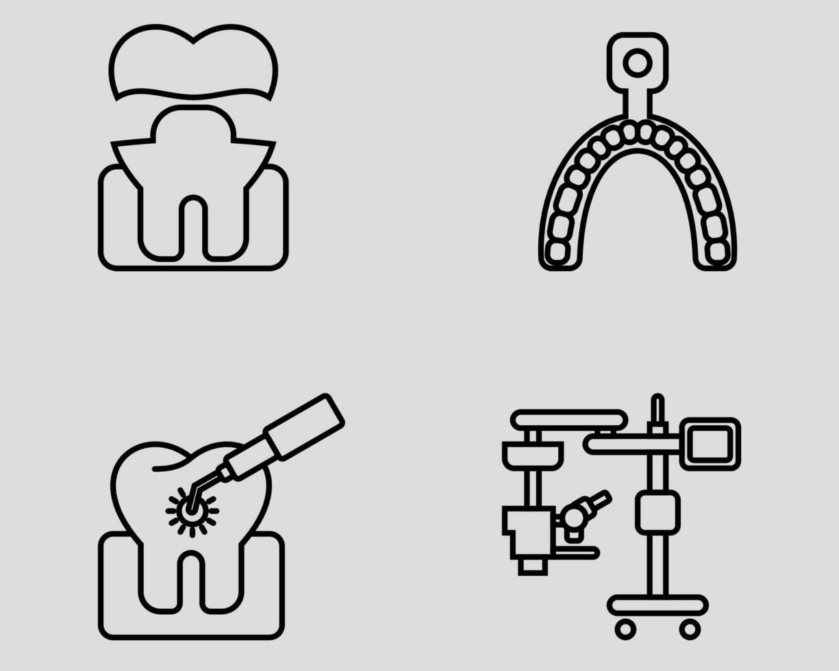 Dental icon set. Containing Gold crown, molds, Dental laser, surgical microscope. Outline icon style. vector