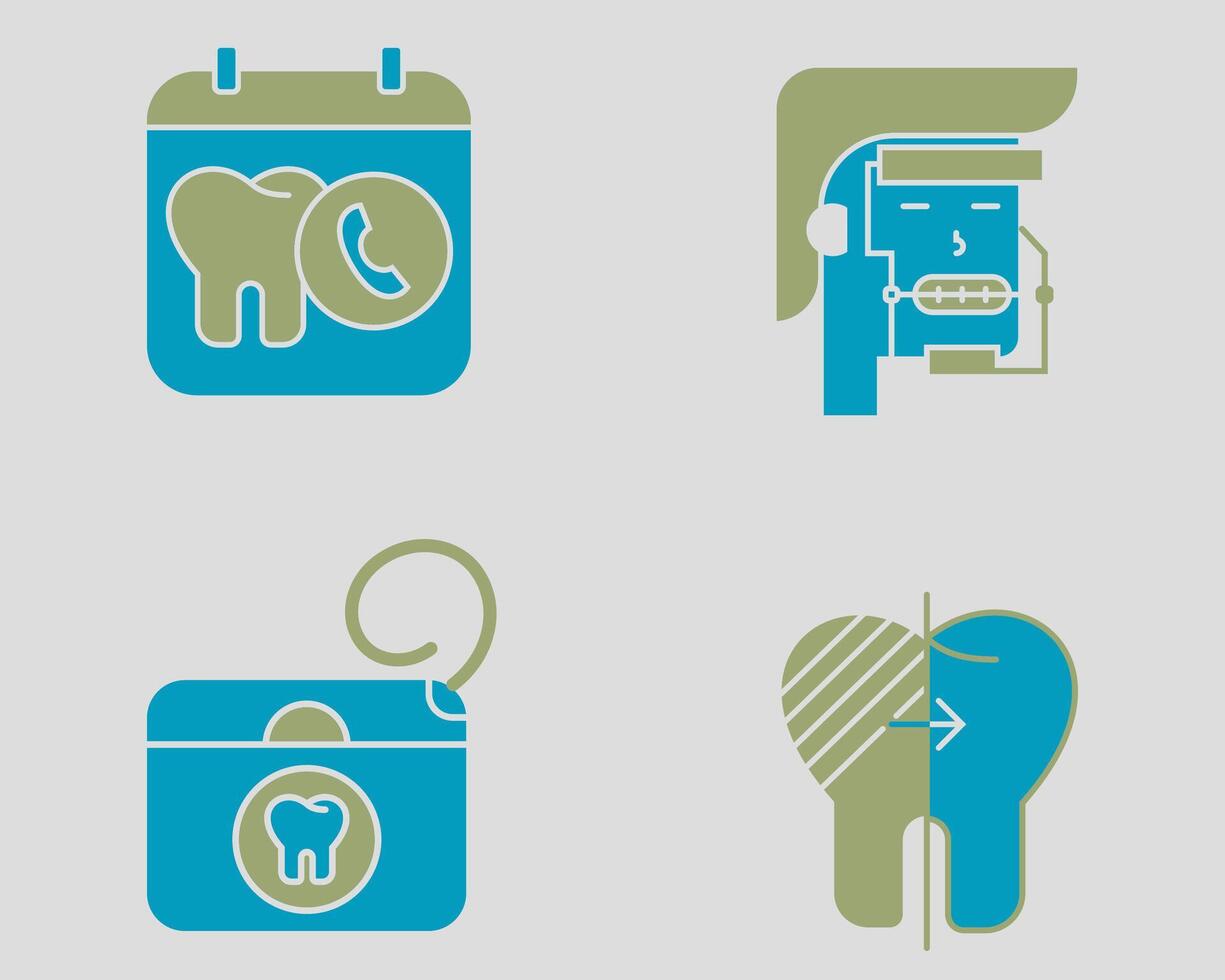 Dental icon set. Containing Dentist appointment, orthodontic headgear, dental floss, Whitening. Solid dual color icon style vector