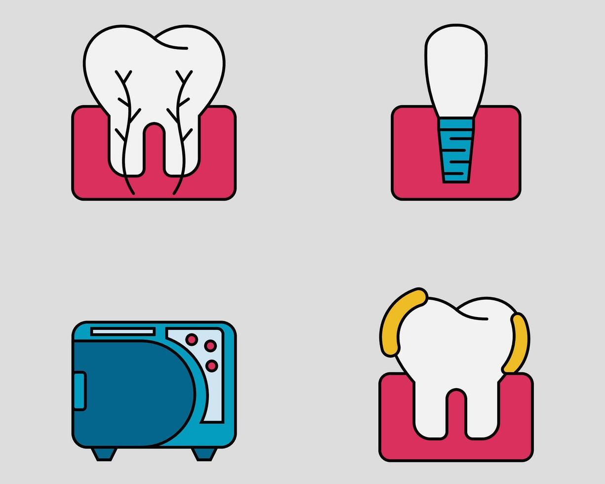 Dental icon set. Containing Tooth cross section, manicure, autoclave, plaque. filled outline icon style. vector