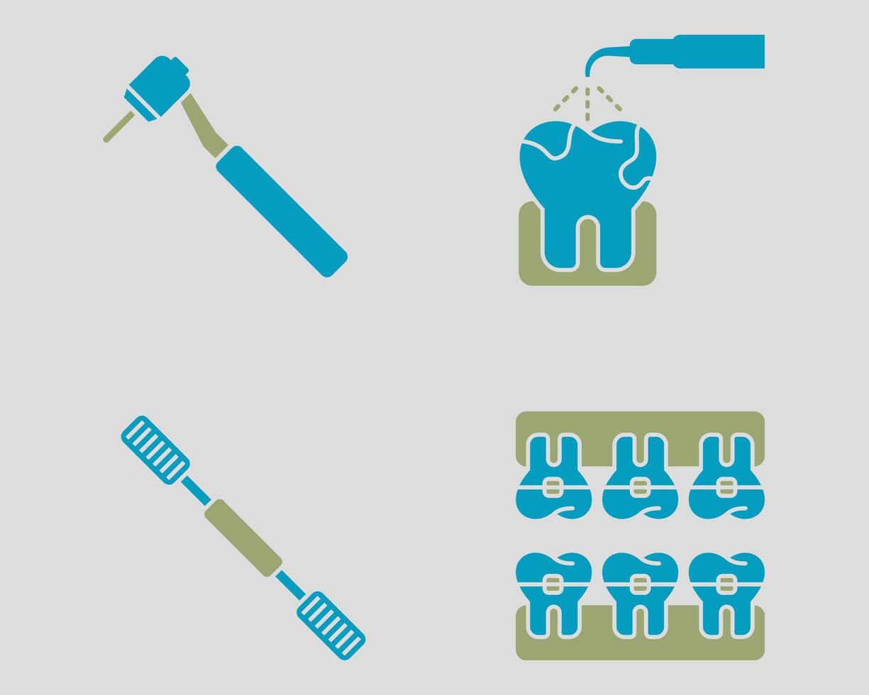 Dental icon set. Containing dental braces, scalling, rasp, dental drill. Solid dual color icon style vector