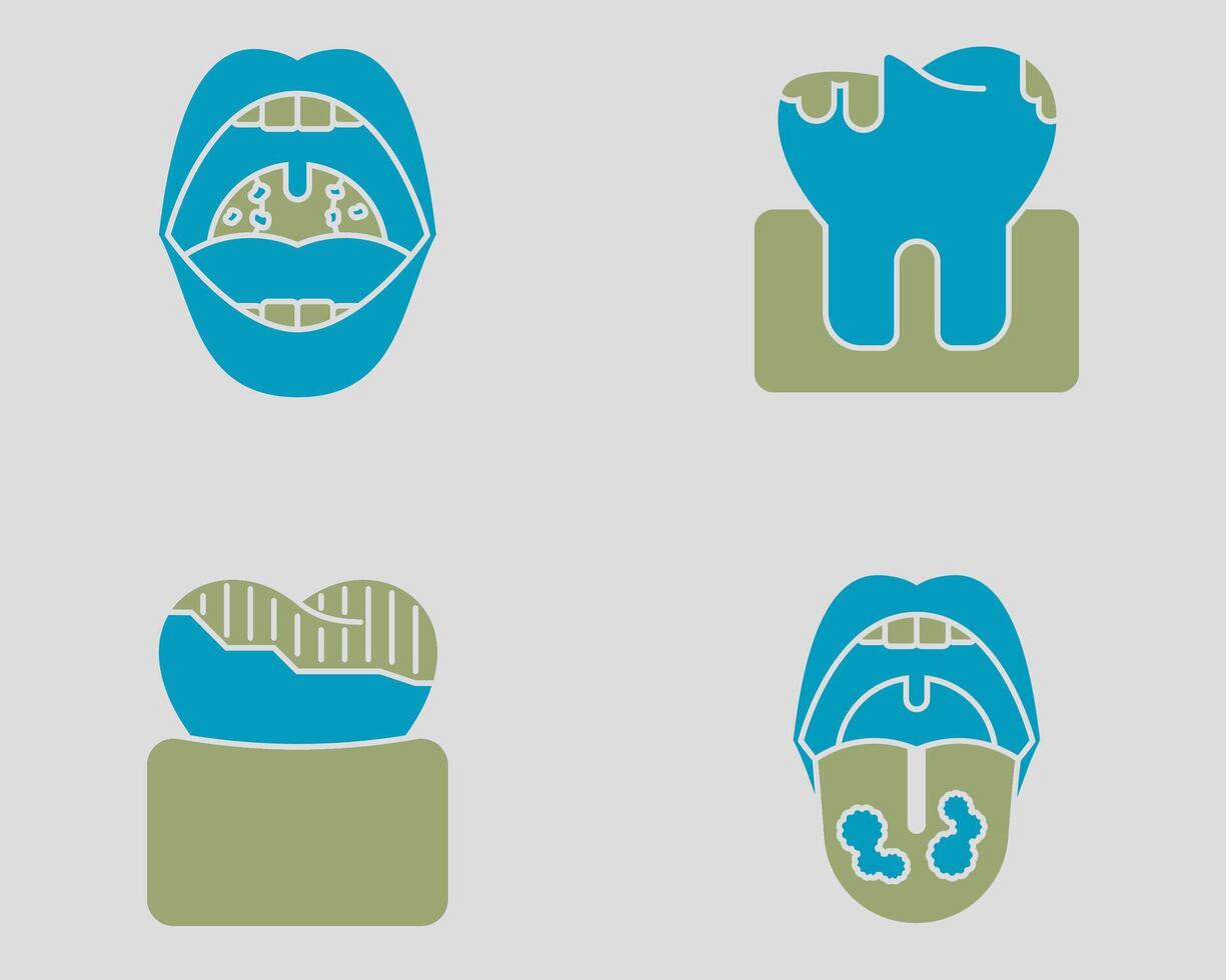 Dental icon set. Containing Tonsillitis, cavity, darkened tooth, thrush. Solid dual color icon style vector