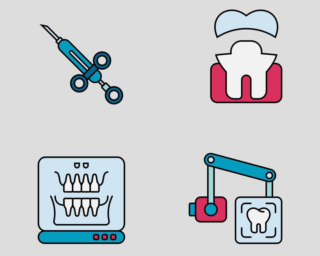 Dental icon set. Containing Dental syringe, silver crown, panaromic x ray, intraoral x ray. filled outline icon style. vector