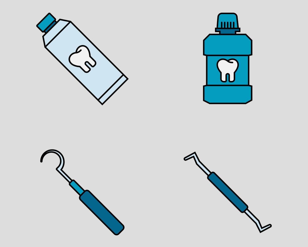 Dental icon set. Containing tooth paste, mouth wash, sickle probe, scaler. filled outline icon style. vector