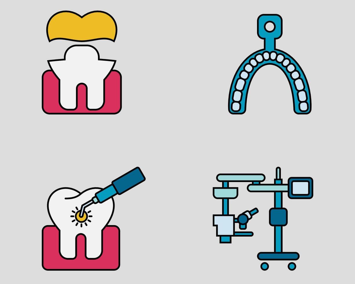 Dental icon set. Containing Gold crown, molds, Dental laser, surgical microscope. filled outline icon style. vector