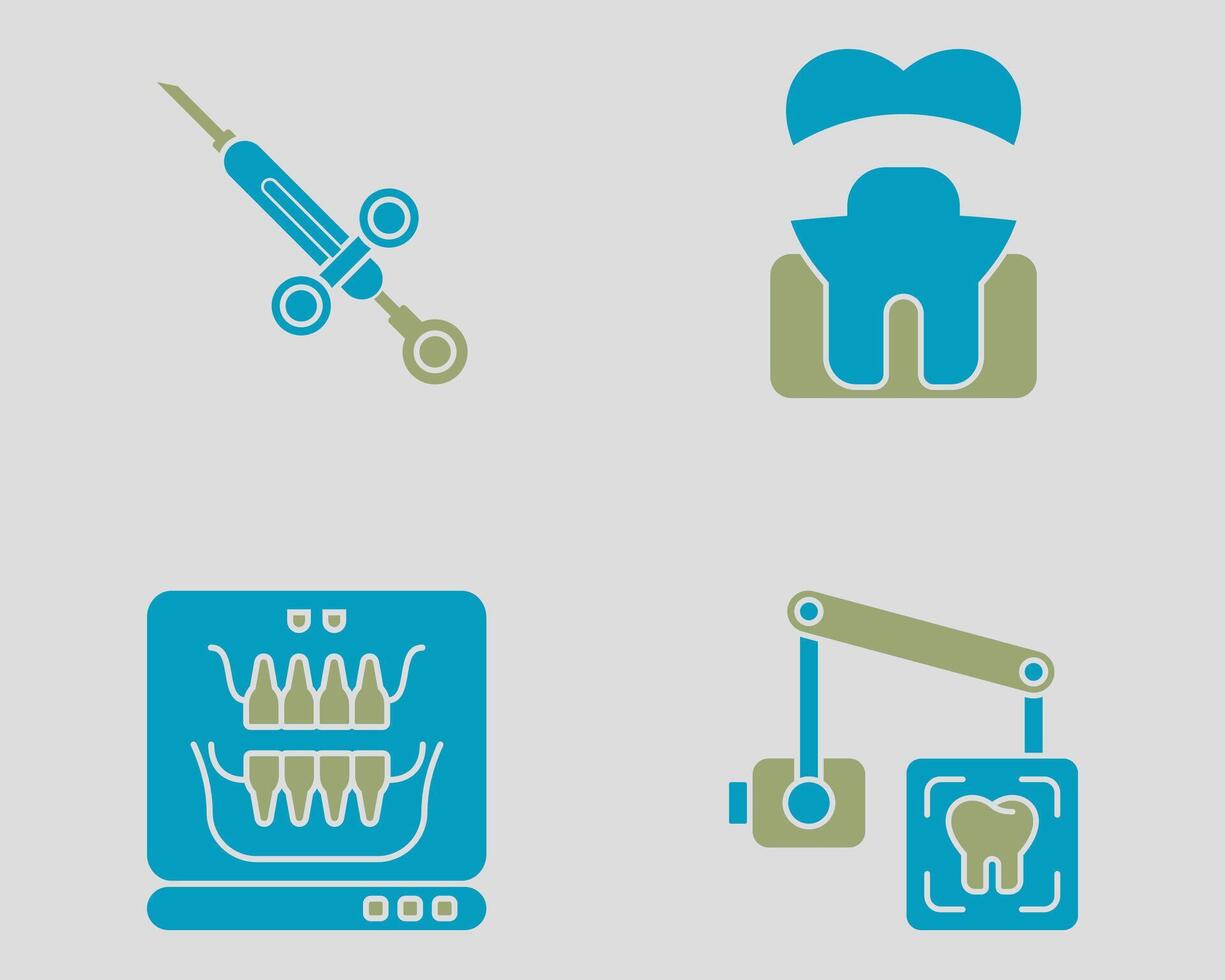 Dental icon set. Containing Dental syringe, silver crown, panaromic x ray, intraoral x ray. solid dual color icon vector