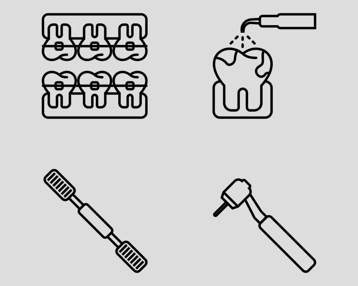 Dental icon set. Containing dental braces, scalling, rasp, dental drill. Outline icon style. vector