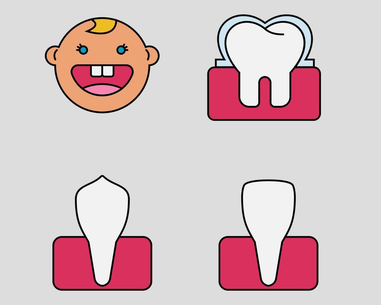 Dental icon set. Containing Baby teeth, enamel, canine, incisor. filled outline icon style. vector