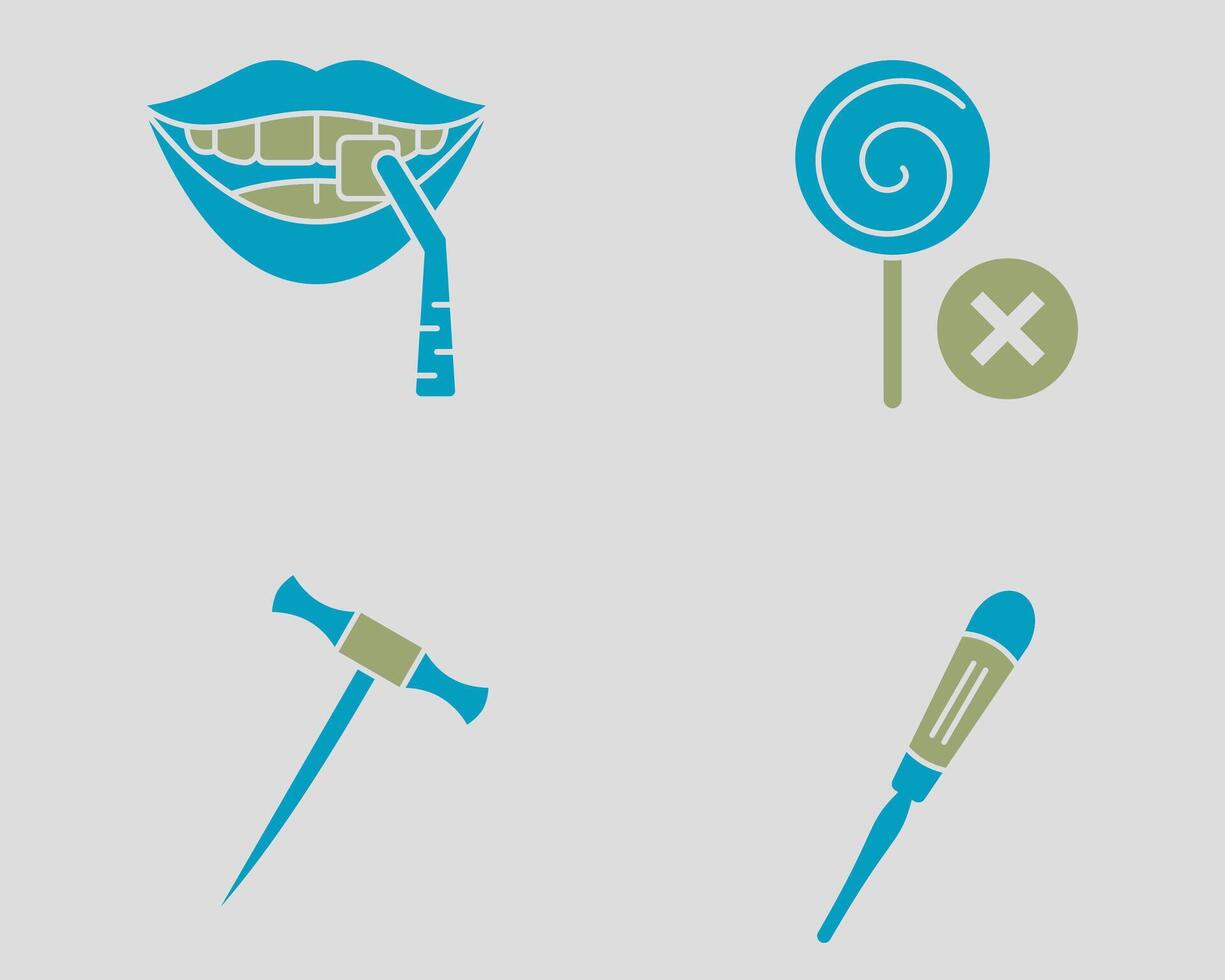 Dental icon set. Containing Veener, no candy, Cryer elevator, dental bein root elevator. Solid dual color icon style vector