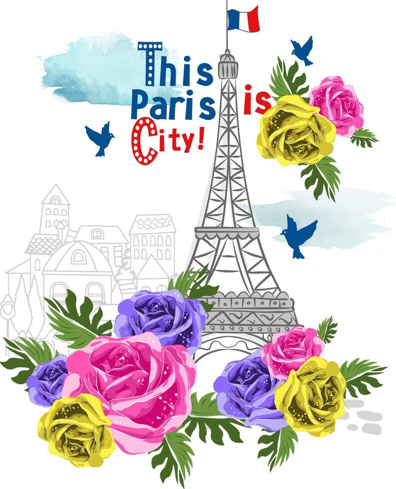 Parisian Floral Typography T-Shirt Design, Elegant City Theme Art vector